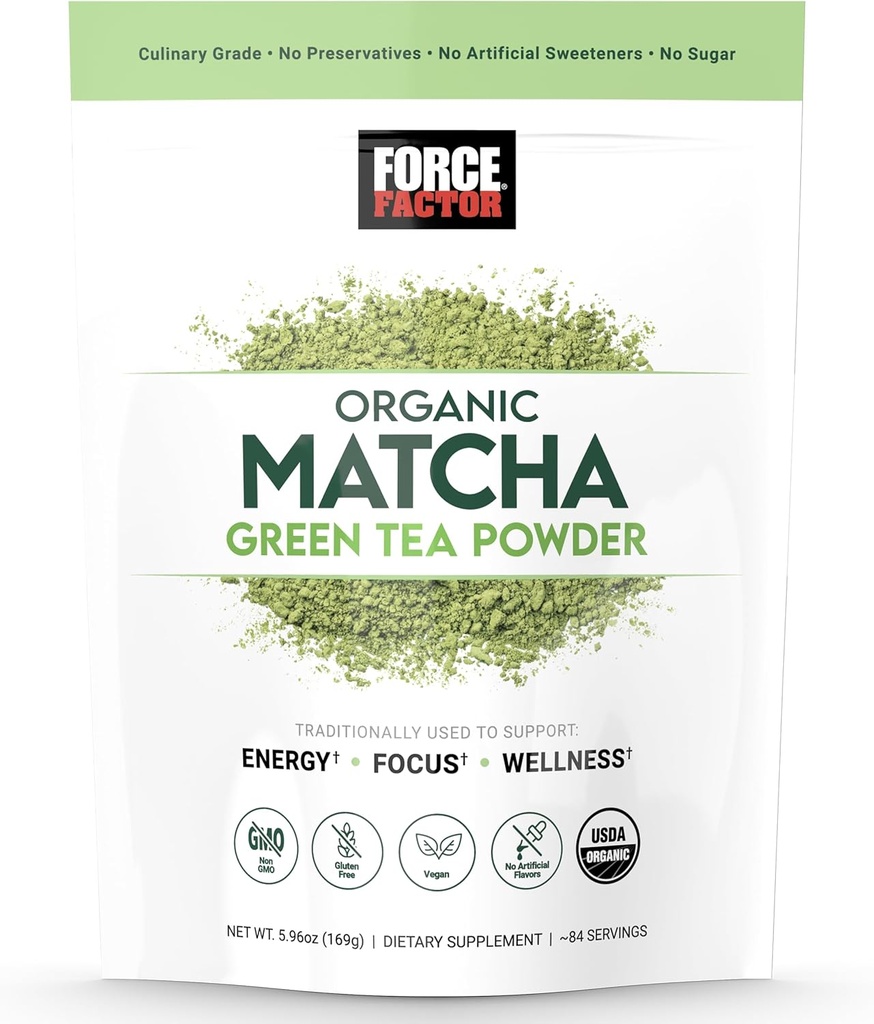 FORCE FACTOR Organic Matcha Green Tea Powder for Energy, Focus, and Daily Wellness, Culinary Grade, USDA-Certified Organic, Rich and Delicious Flavor 169g, 84 Servings