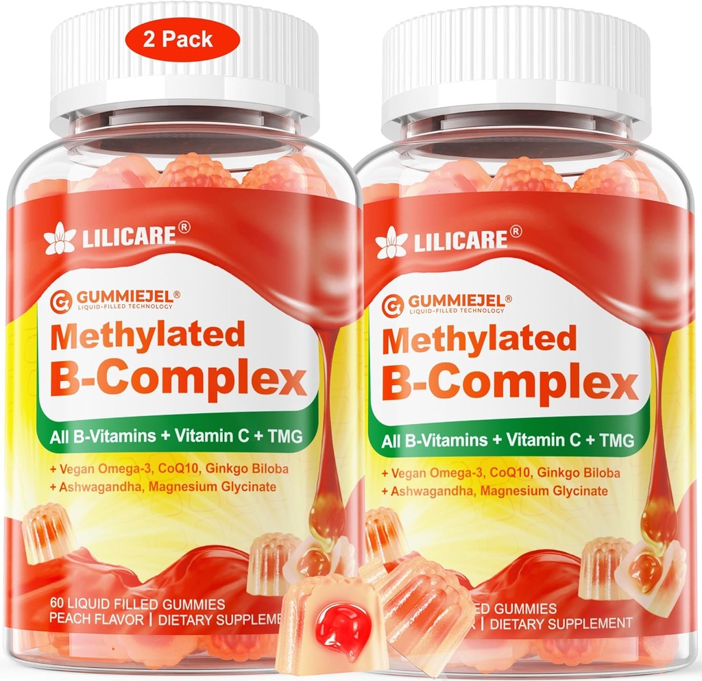 Women's & Men's Super Vitamin B Complex Filled Gummies, Methylated w/Omega 3, Magnesium,CoQ10, Ashwagandha,Vitamin C, TMG, Sugar Free - 60 Count (Pack of 2)