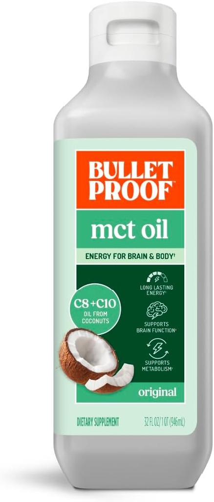 Bulletproof MCT Oil Made with C10 and C8 Oil, 32 Ounces, Keto Supplement for Sustained Energy, Brain and Body Fuel, Add to Coffee and Smoothies