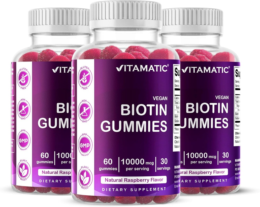Vitamatic Biotin Gummies 10,000 mcg for Stronger Hair, Skin & Nails - 60 Vegan Gummies - Also Called Vitamin B7 (3 Bottles)