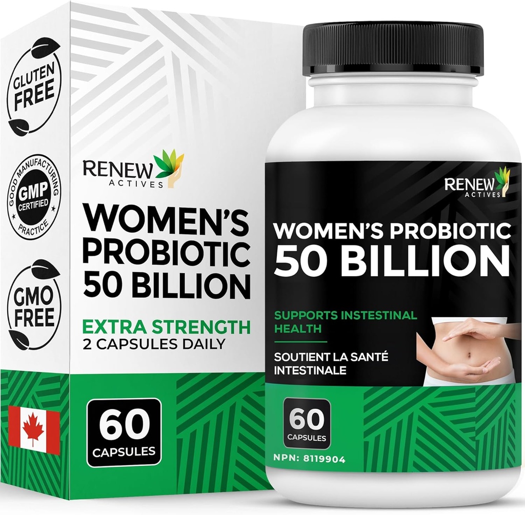 RENEW ACTIVES Probiotics for Women 50 Billion CFU per 2 Capsules – MAKTREK Technology, 4 Probiotic Strains & Prebiotic Blend– Supports Digestion Health & Gut Flora Balance– Made in Canada– 60 Capsules