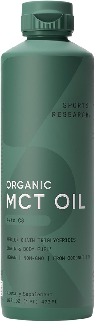 Sports Research Keto MCT Oil from Organic Coconuts - Fatty Acid Fuel for Body + Brain - Single Ingredient C8 Caprylic Acid - Perfect in Coffee, Tea, & More - Non-GMO & Vegan - Unflavored (16 Oz)