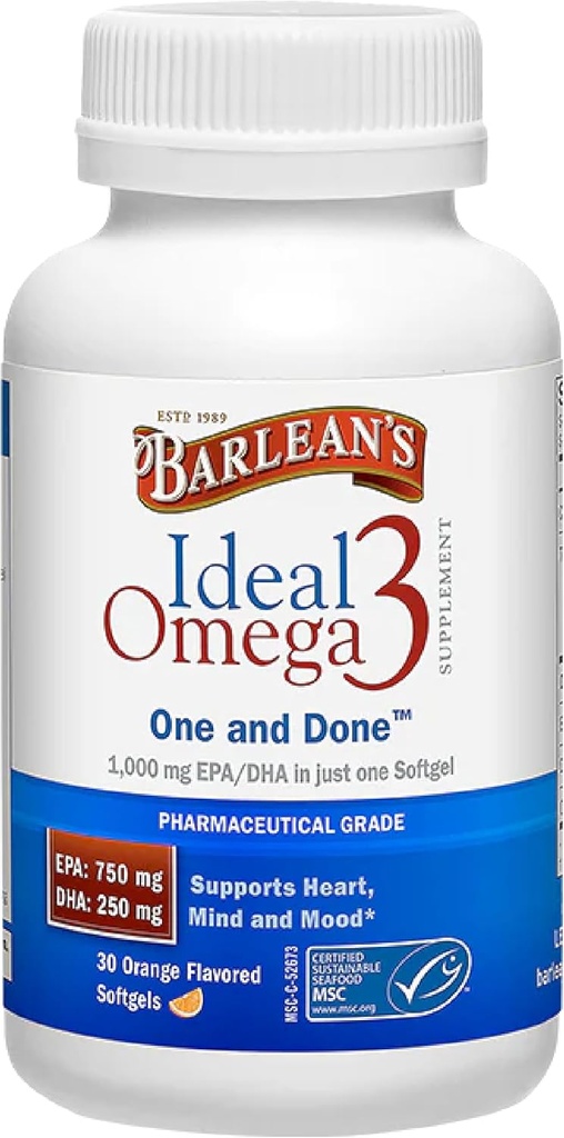 Barlean's Ideal Omega 3 Nutritional Supplement Softgels with 1,000mg EPA/DHA for Heart, Mind, and Mood - Certified Sustainable Seafood, Pharmaceutical Grade - 30-Count