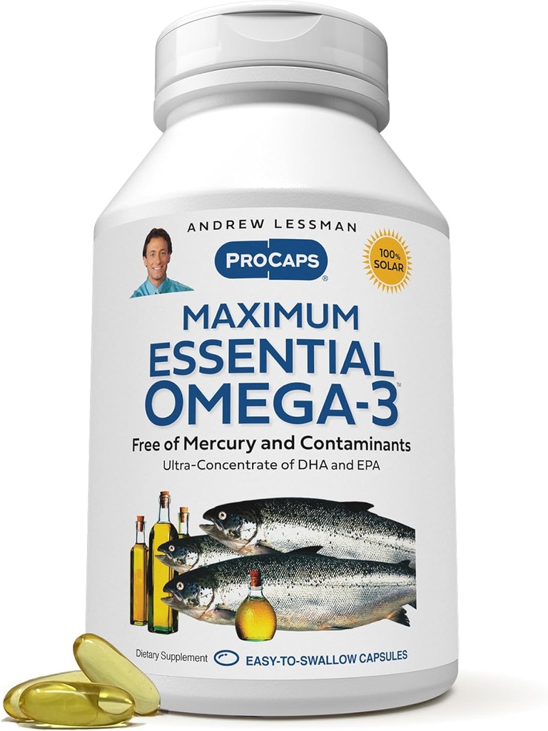 ANDREW LESSMAN Maximum Essential Omega-3 Unflavored, 180 Softgels - Ultra-Pure Omega-3 Fish Oil 1200 mg-High DHA, No Mercury Supplement-Small, Easy to Swallow Fish Oil Capsules