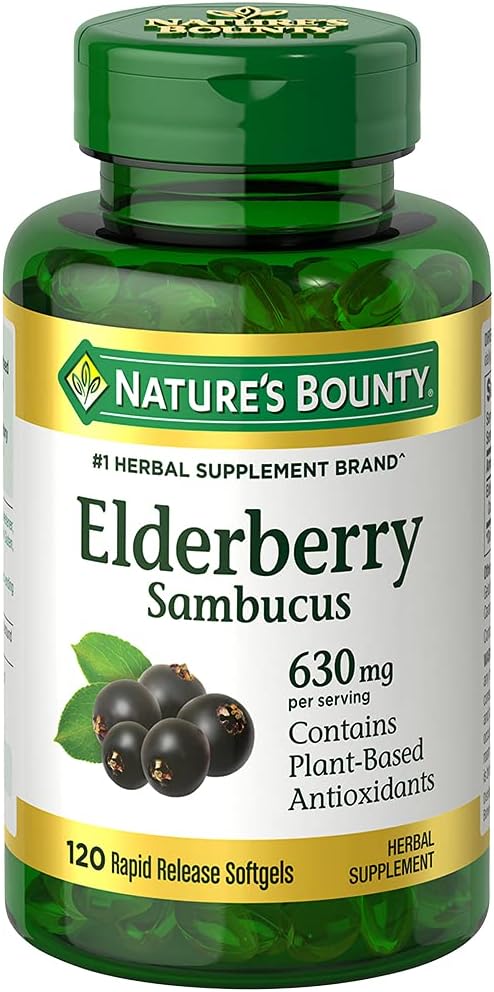 Nature's Bounty Sambucus Elderberry Herbal Supplement, Rapid Release Softgels, 630 mg per Serving, 120 Count