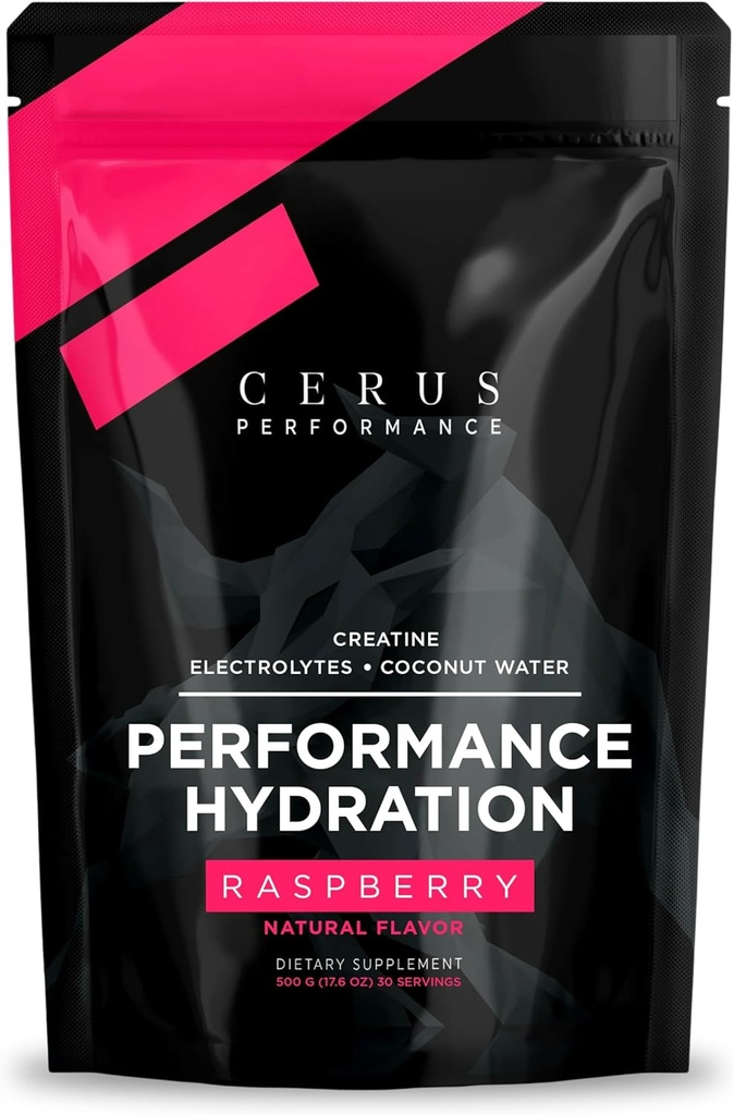 Cerus Performance - Performance Hydration Electrolyte Powder – Raspberry Flavor, 5g Creatine Monohydrate, 500mg Coconut Water Powder – Supports Endurance, Muscle Recovery & Keto 30 Servings