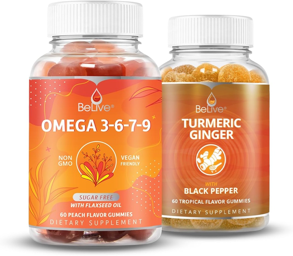 BeLive Omega 3 & Turmeric Gummies for Brain, Heart, Eye and Inmmune System, Mobility Support