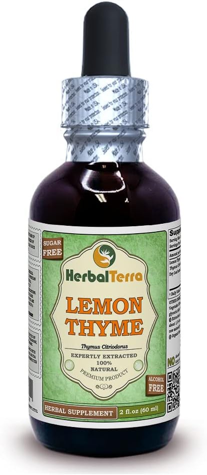 Lemon Thyme (Thymus x Citriodorus) Glycerite, Organic Dried Herb Alcohol-Free Liquid Extract (Brand Name: HerbalTerra, Proudly Made in USA) 2 fl.oz (60 ml)