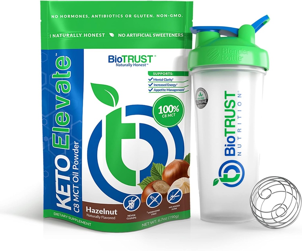 BioTrust Keto Elevate Pure C8 MCT Oil Powder (Hazelnut) BlenderBottle Bundle