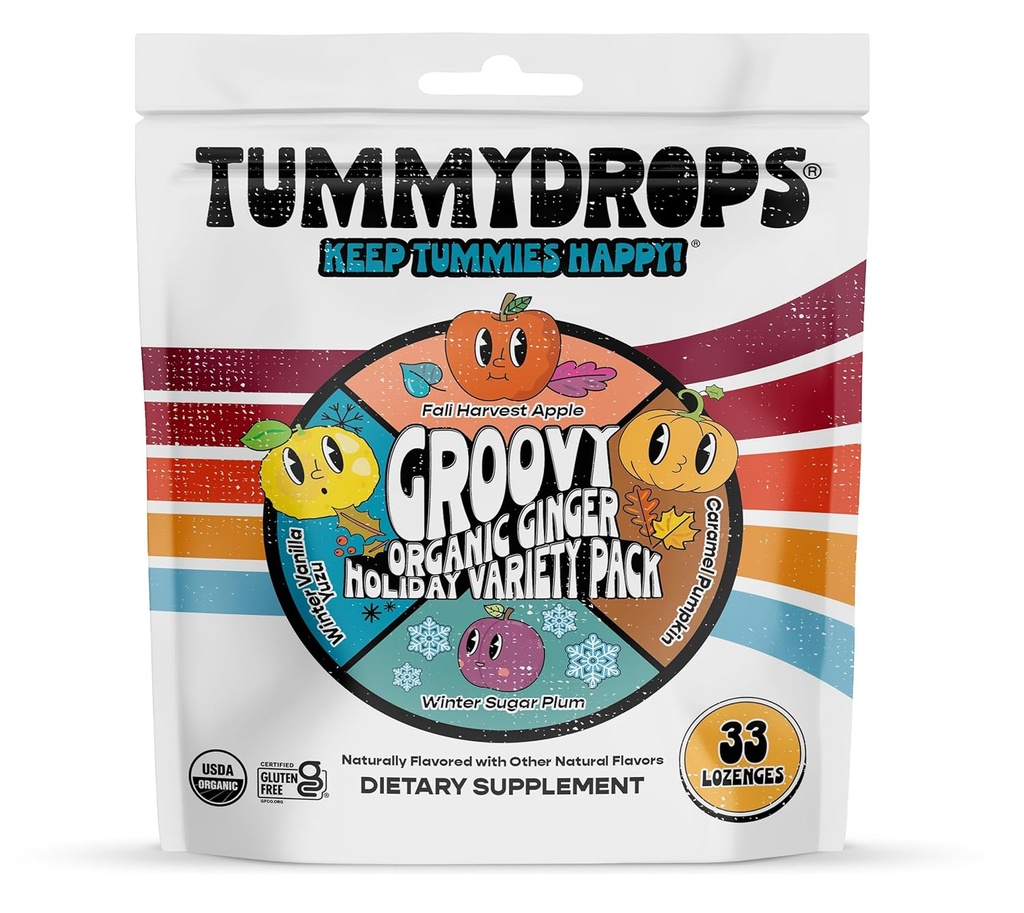 USDA Organic Groovy Ginger Holiday Variety Tummydrops (Mix of Caramel Pumpkin, Fall Apple, Winter Yuzu & Sugar Plum Ginger Flavors). Bag with 33 assorted drops. Certified Gluten Free.