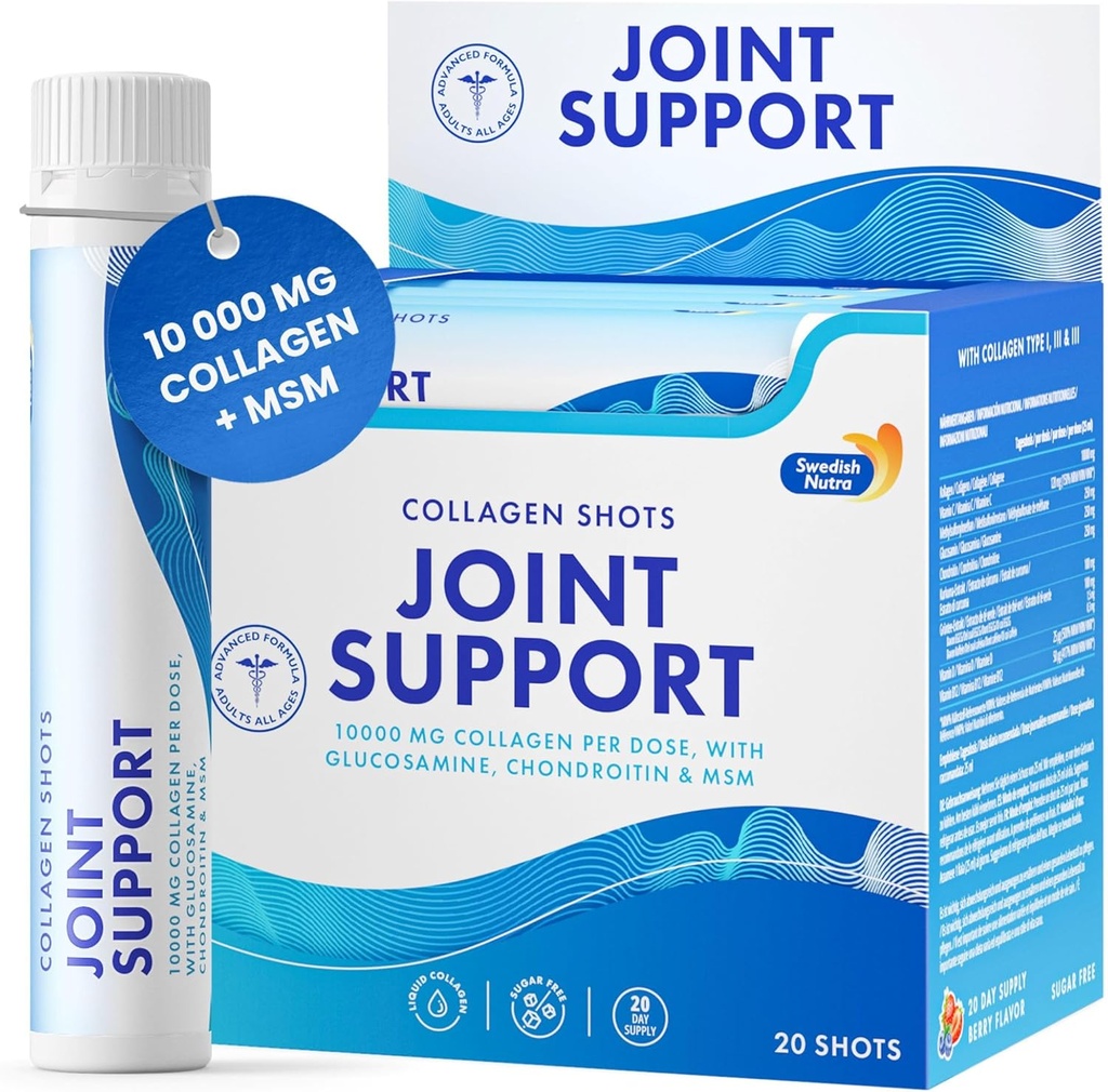 Swedish Nutra - Liquid Supplement for Joint Support - 20 Daily Doses of 25 ml | Pure Hydrolyzed Collagen (Types I, II, and III), Glucosamine, MSM, Chondroitin, Turmeric, and Hyaluronic Acid