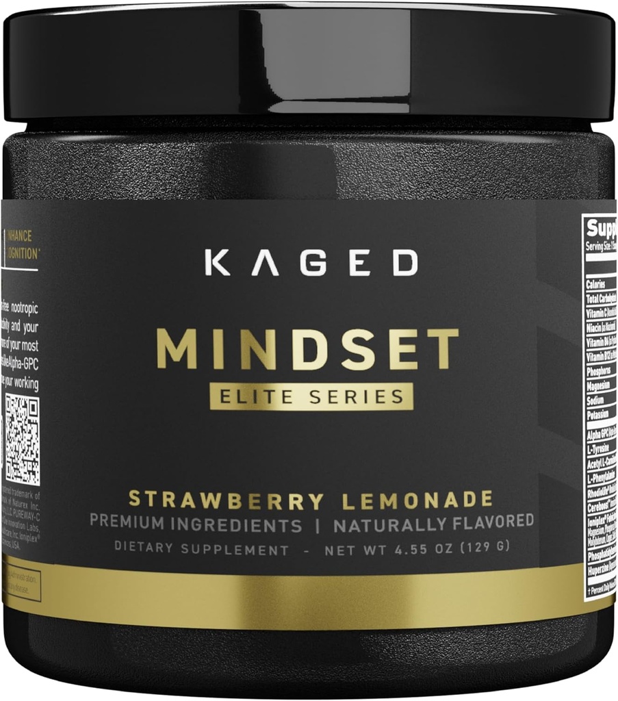 Kaged Nootropic Mindset Elite, Focus and Productivity Supplement, Organic Caffeine, Supports Working Memory, Focus, Energy, and Mood*, Strawberry Lemonade - 30 Servings