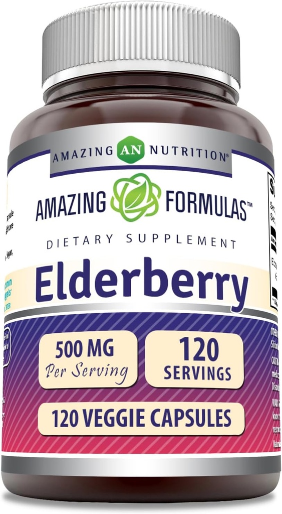 Amazing Formulas Elderberry Supplement | 500 Mg Per Serving | 120 Veggie Capsules | 10:1 Concentrate | Non-GMO | Gluten-Free | Made in USA
