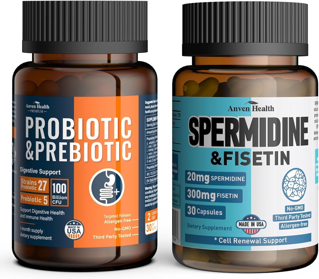 Probiotics & Spermidine Supplement - 100B CFU, 27 Strains, 20mg Spermidine, 300mg Fisetin for Gut Health, Cell Renewal & Longevity