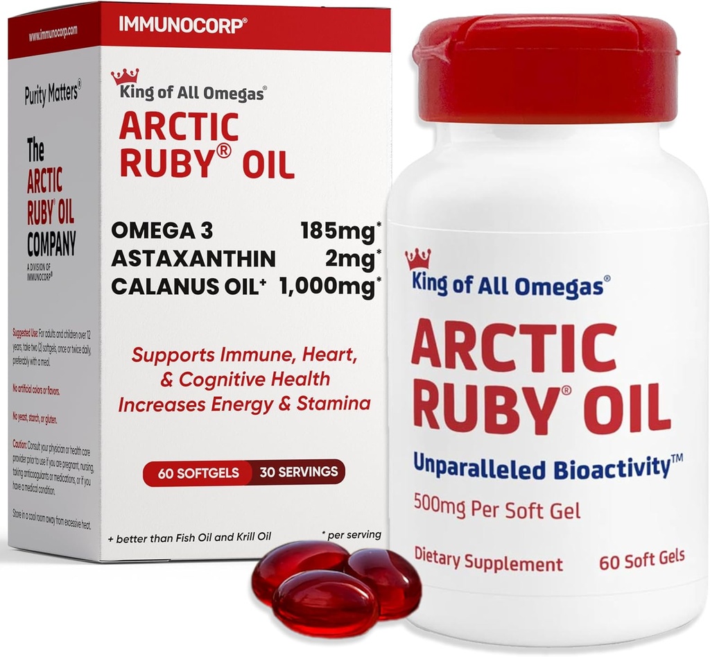 Arctic Ruby Oil 1000mg – Omega 3 Supplement for Women and Men with EPA, DHA & Astaxanthin 2mg - Fish & Krill Oil Alternative – 60 Softgels (1 Pack)