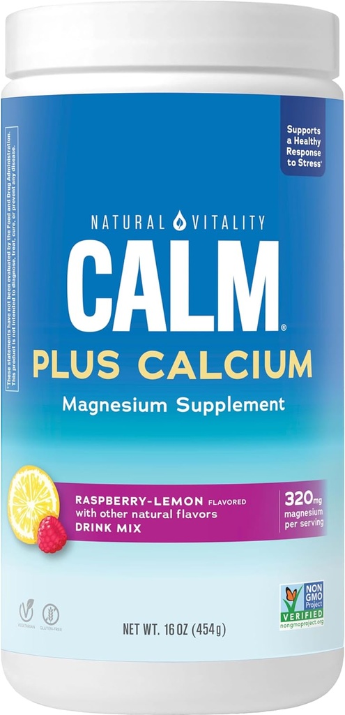 Natural Vitality Calm, Magnesium & Calcium Supplement, Drink Mix Powder Supports a Healthy Response to Stress, Gluten Free, Vegan, & Non-GMO, Raspberry Lemon, 16 oz