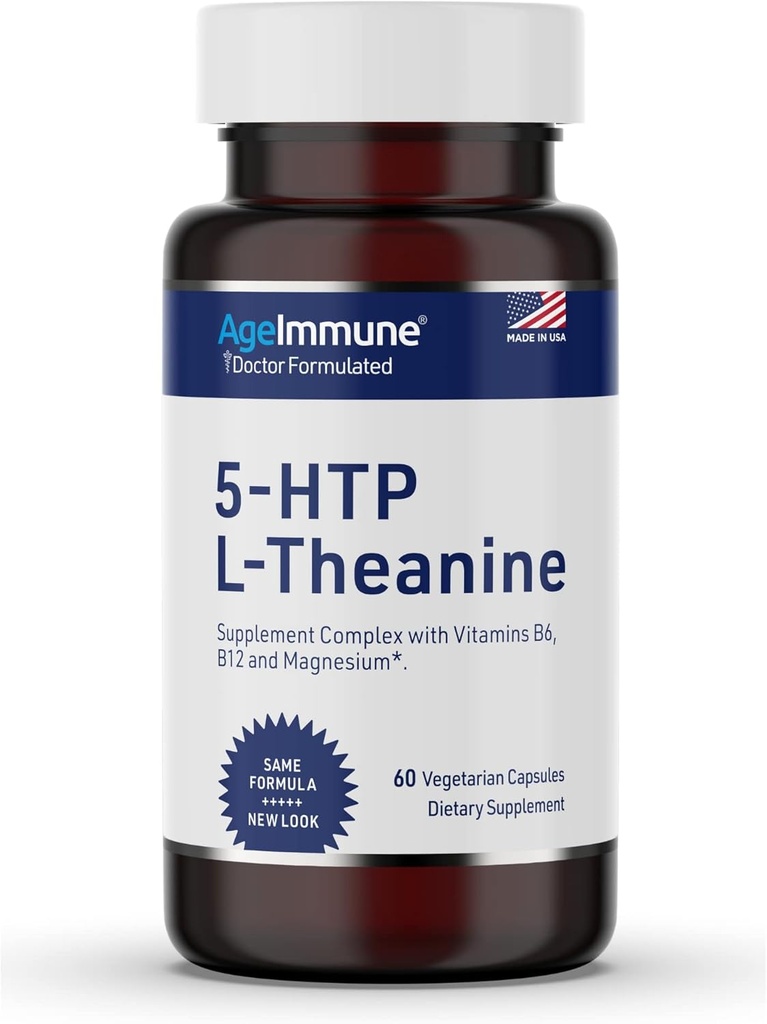 5-HTP Formula for Stress Relief and relaxation support for Teens and Adults with 5-HTP, L-Theanine, Vitamin B6, Vitamin B12, Magnesium - Doctor Formulated - Magnesium Stearate Free - 60 capsules.