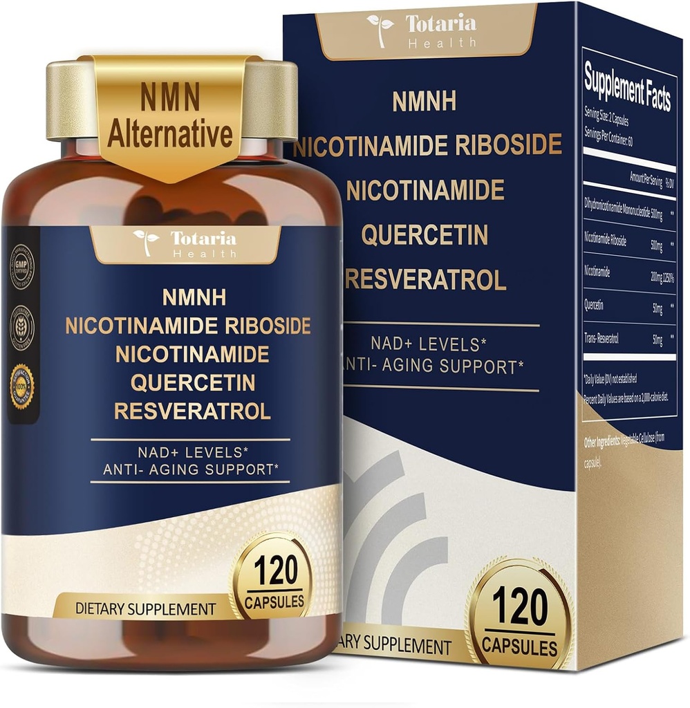 Totaria NMNH (Dihydronicotinamide Mononucleotide) Supplement w/Niacinamide (Vitamin B3), Quercetin, Trans-Resveratrol, Support NAD+, Skin Cell Health*, Anti-Aging & Energy, 120 Caps