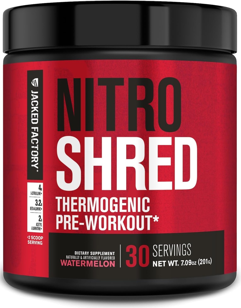 Jacked Factory NITROSURGE Shred Pre Workout Supplement - Energy Booster, Instant Strength Gains, Sharp Focus, Powerful Pumps - Nitric Oxide Booster & PreWorkout Powder - 30Sv, Watermelon