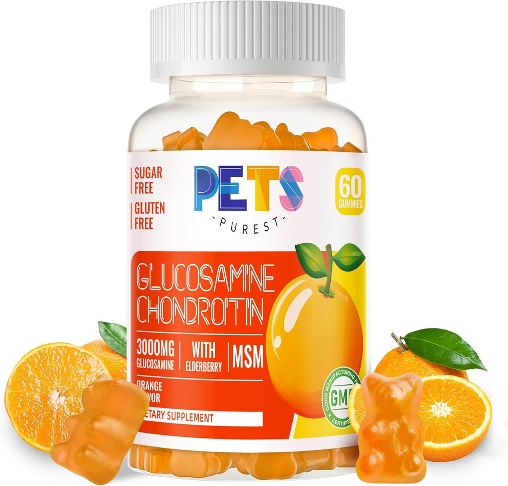 Pets Purest Glucosamine Chondroitin Gummies with MSM & Elderberry Extra Strength - Joint Support, Antioxidant Immune Support Supplement for Adults, Men & Women.Orange
