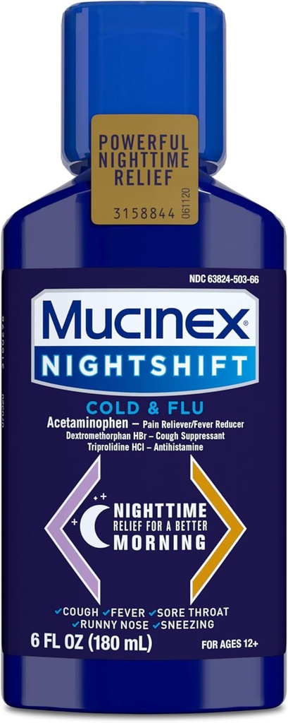 Mucinex Nightshift Cold and Flu Medicine for Adults Relieves Fever, Sneezing, Sore Throat, Runny Nose & Cough, Acetaminophen, Dextromethorphan HBr, Triprolidine HCl, 6 Fl Oz (Pack of 1)