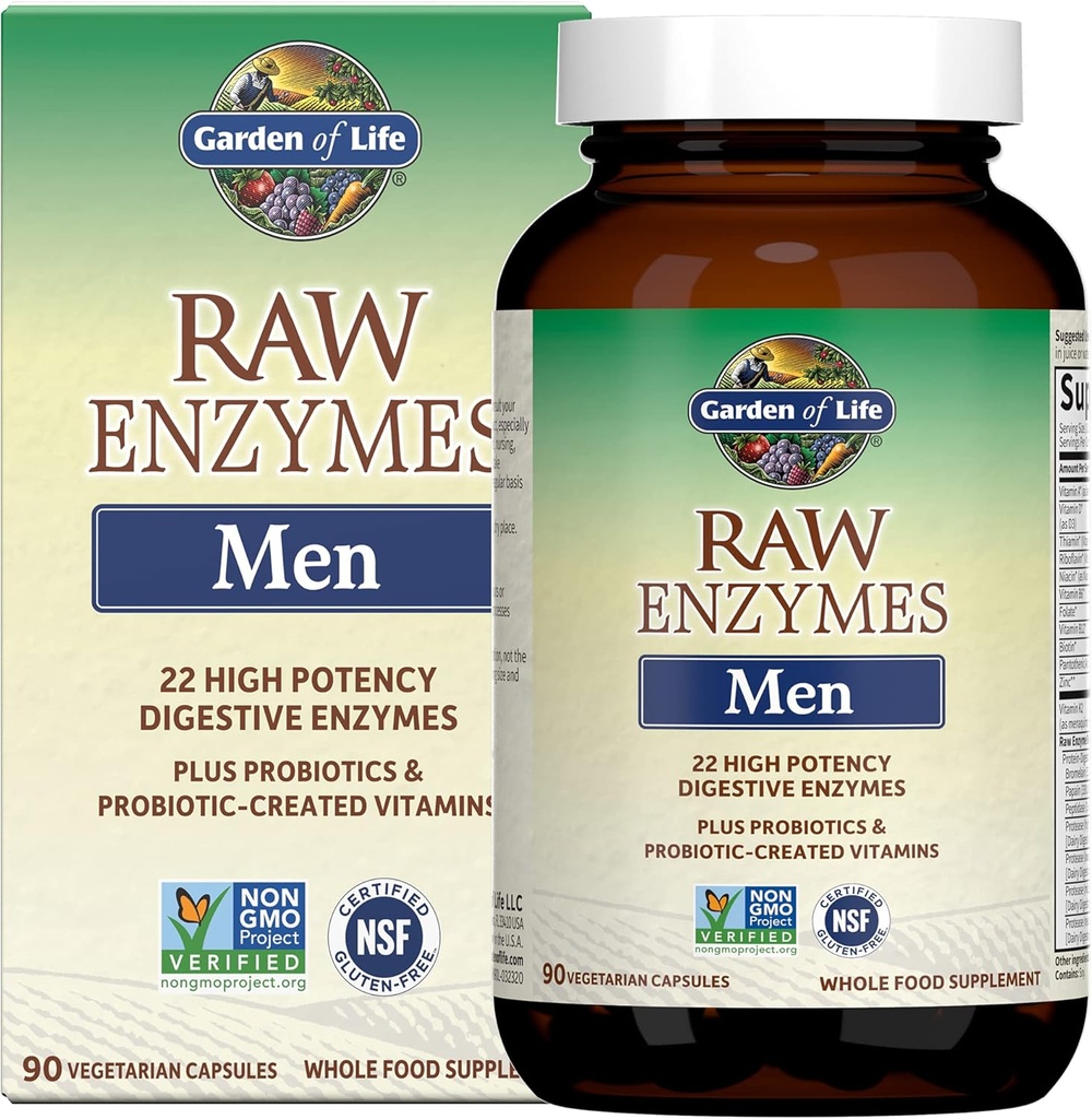 Garden of Life 22 Digestive Enzymes for Men with Bromelain, Papain & Lactase Plus Probiotics & Whole Food Vitamins B12, Biotin & Zinc – RAW Enzymes – Non-GMO, Gluten-Free, Vegetarian, 90 Capsules