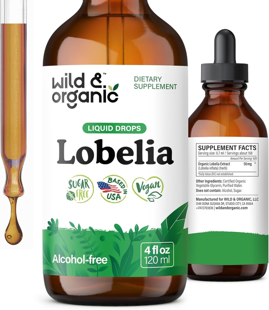 Wild & Organic Lobelia Tincture - Lung Detox and Cleanse - Liquid Lobelia Herb Supplement - Vegan, Sugar & Alcohol-Free Leaf Extract Drops - 4 fl oz