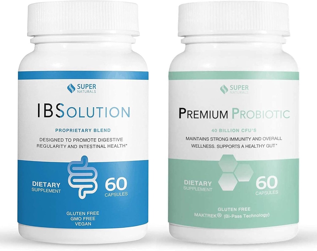 IBSolution Gut Health Bundle - All Natural Gut Health Support & Premium Probiotics w/ 40 Billion CFU for Support of Irregular Bowels, Bloating, Constipation, Gas, Abdominal Pain - 2 Pack (120 Caps)