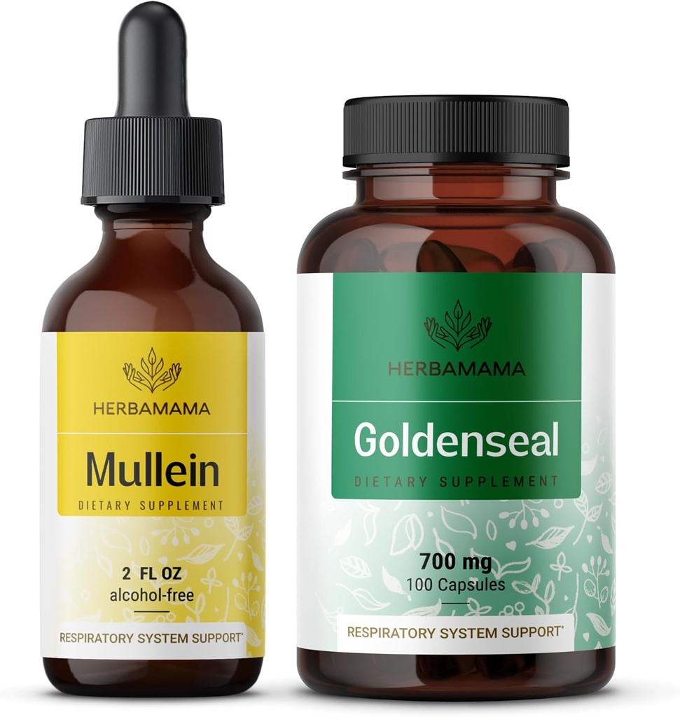 HERBAMAMA Mullein Leaf Extract and Goldenseal Capsules Kit - Bundle of Mullein Leaf Tincture 2 fl oz and 700 mg Goldenseal Root Capsules - Vegan, Non-GMO, Sugar & Alcohol-Free - 2 Pack