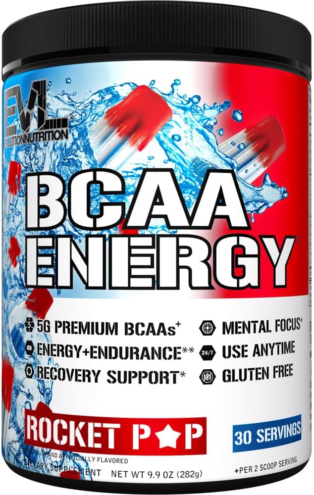 EVL BCAAs Amino Acids Powder - BCAA Energy Pre Workout Powder for Muscle Recovery Lean Growth and Endurance - Rehydrating Post Workout Recovery Drink with Natural Caffeine - Rocket Pop