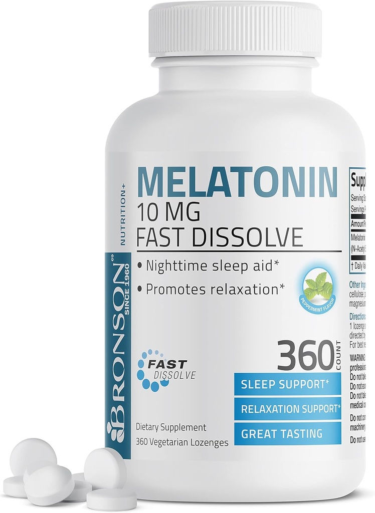 Bronson Melatonin 10 MG Fast Dissolve Peppermint Tablets, Promotes Relaxation, 360 Chewable Vegetarian Lozenges
