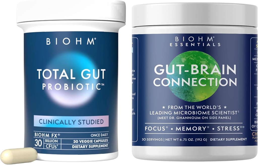 BIOHM Total Probiotic and Gut-Brain Connection Bundle, 30 Billion CFU Daily Probiotic with Good Bacteria, Fungi, Support Memory, Concentration, Focus, and Balanced Gut, 30 Servings Each