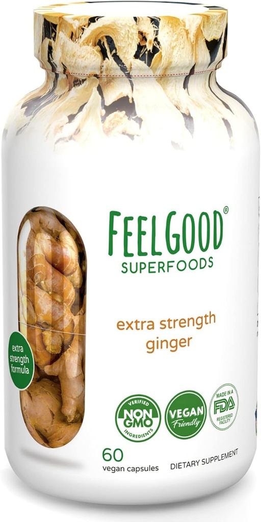 FeelGood Superfoods 1000mg Extra-Strength Ginger Root Capsules, Vegan Digestion Supplement Support for Gas and Bloating, 60 Count
