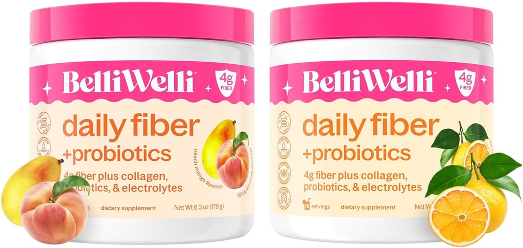 Belli Welli Daily Fiber Supplement Bundle with Collagen, Probiotics & Electrolytes – Peach Mango & Orange Yuzu Mandarin Flavors – Supports Digestion, Gut Balance & Debloating – 32 Servings Total