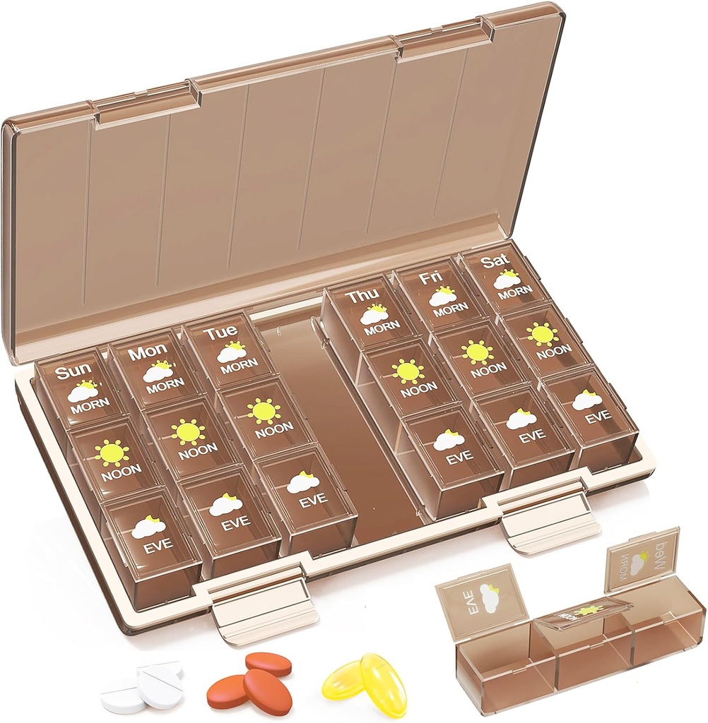Medilax Pill Organizer 3X a Day, Pill Boxes and Organizer 3 Times a Day, Pill Box 7 Day，Pill Case with Triple-Protective, Pill Containers for Vitamins/Medication/Supplements, Coffee