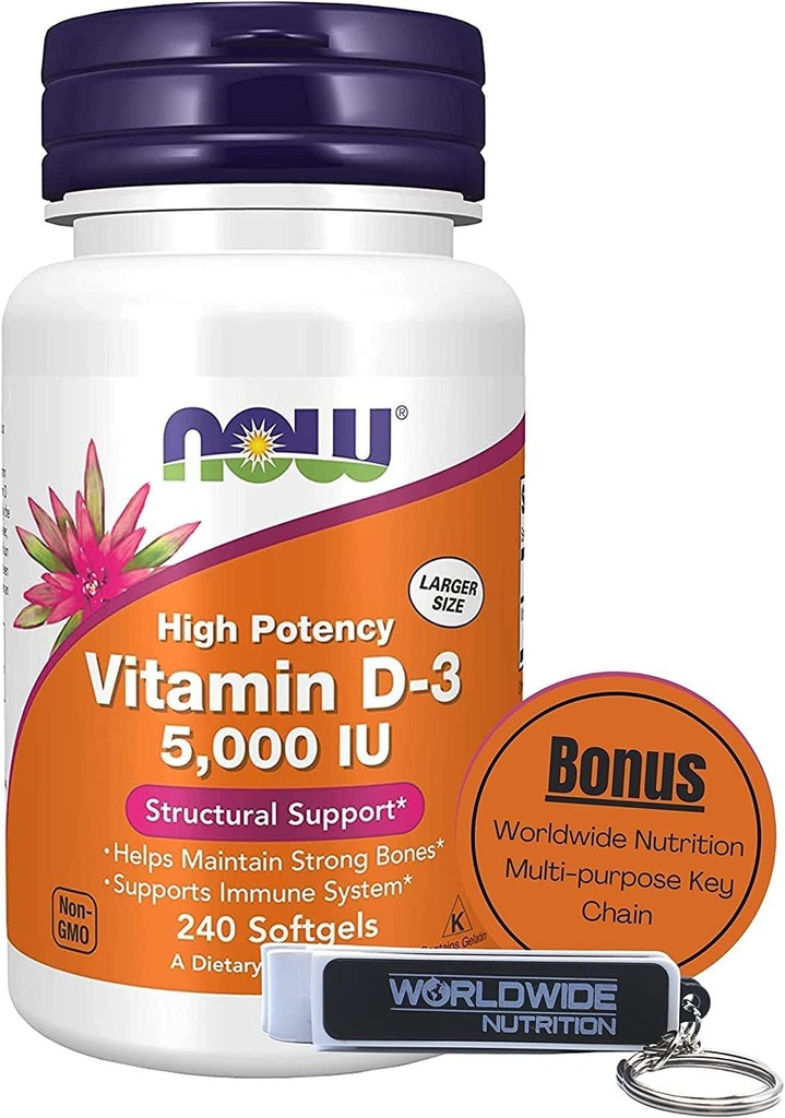 Worldwide Nutrition Now Supplements Vitamin D3 5000 IU Softgels - High Potency Formula for Structural Support D 240 Count Vitamin, Organic & keychain