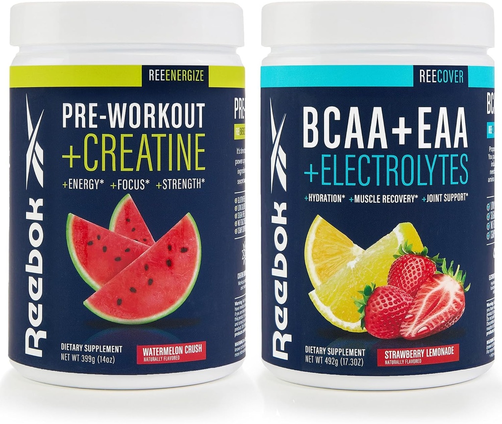 Reebok REEEnergize & REECover Bundle | Pre-Workout + BCAA Recovery System | Watermelon Crush & Strawberry Lemonade | Train & Recover Pack