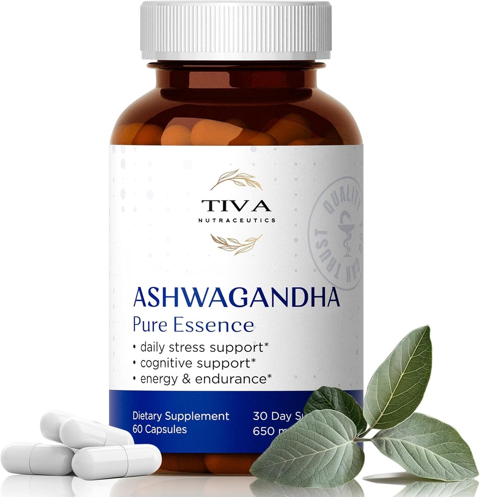 TIVA Ashwagandha Capsules 650mg with Black Pepper Extract – Natural Support for Stress, Metabolism, Immune Function & Mood – Vegan, Non-GMO, Lab-Tested – 60 Herbal Capsules