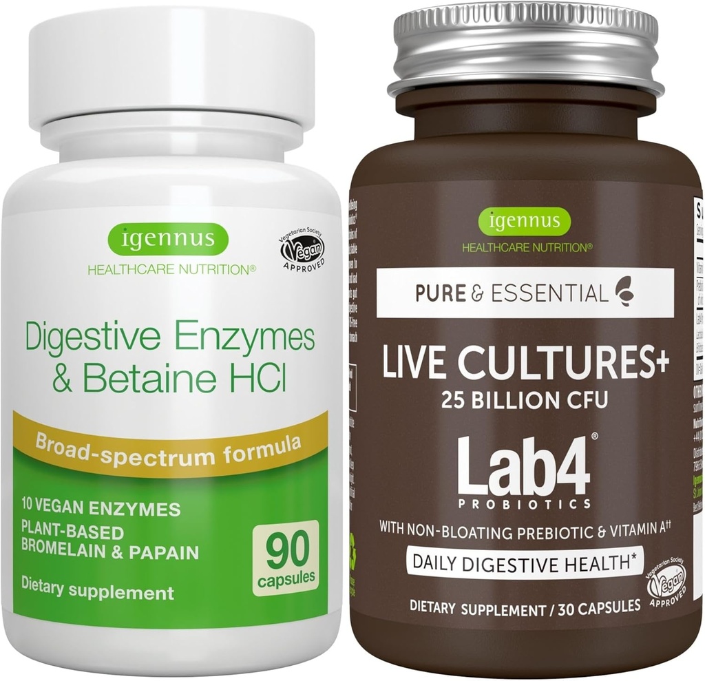 Live Cultures+ Lab4 Probiotics + Advanced Digestive Enzymes & Betaine HCl Vegan Bundle, Complete Digestive Health Support with 25 Billion CFU Probiotic, Non-Bloating Prebiotic, by Igennus