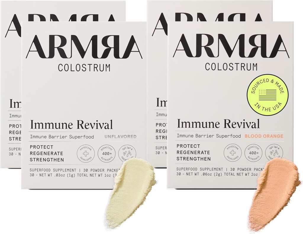 ARMRA Colostrum™ Premium Powder, Grass Fed, Gut Health Bloating Immunity Skin & Hair, Contains 400+ Bioactive Nutrients, Keto, Gluten & Fat Free (Unflavored, Blood Orange Bundle | 120 Servings)