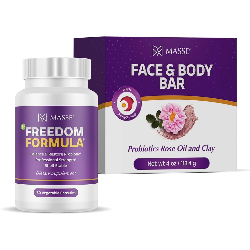 MASSE' Dietary Supplement for Probiotic Balance & Restore Formula and Sensitive Skin Face Wash with AcneZero Skin Cleanser