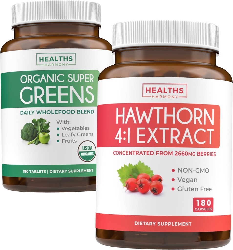 Super Greens & Hawthorn Extract (3-Month Supply) Super Berry Blend Bundle of Organic Super Greends Powder - Complete Superfood & Hawthorn Berry 4:1 Extract - High Strength Extract (180 Capsules)