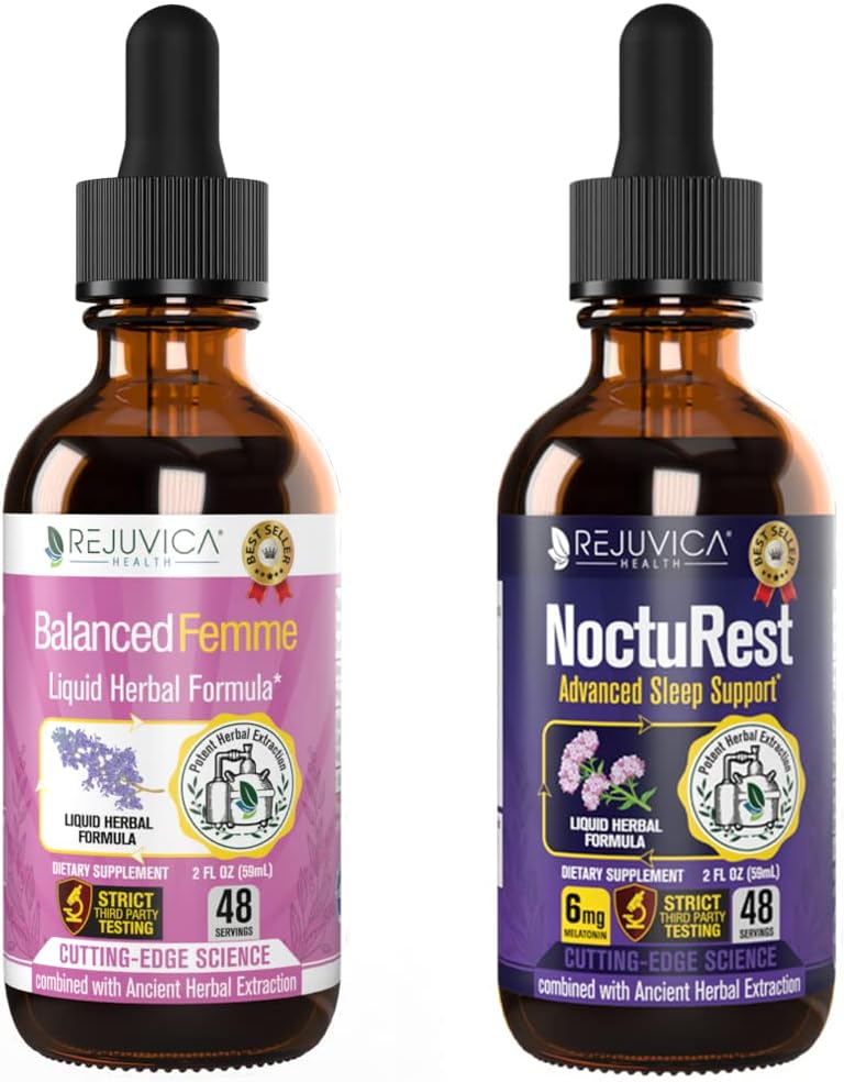 Rejuvica Health Balanced Femme + NoctuRest - Support Female Balance + Sleep - Liquid Delivery for Better Absorption - Dong Quai, Melatonin, Maca, Hops, Chamomile, Theanine & More!