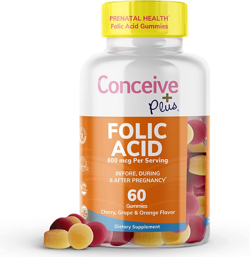 CONCEIVE PLUS Folic Acid Gummies - 800mcg Folate Supplement for Women, Natural Chewable Gummy, 3 Fruit Flavors, Non-GMO, 60 Count 30 Day Supply