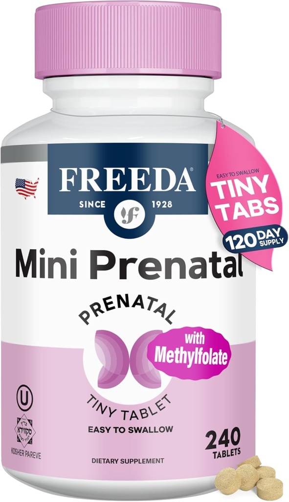 FREEDA Mini Prenatal Vitamin - Kosher Prenatals -Tiny Easy to Swallow Tablets - Prenatal Vitamins with Iron, Prenatal Folic Acid/Folate, Vitamin D - Pre Natal Multivitamin for Pregnant Women (240)