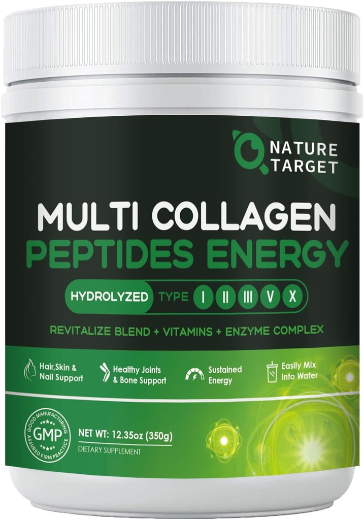 NATURE TARGET Multi-Collagen-Peptides-Powder - Hydrolyzed Collagen with Energy Blend + Multivitamin & Minerals, Supports Energy Skin Hair Nail & Joint, Non-GMO, 35 Servings