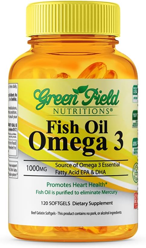 Greenfield Nutritions Halal Fish Oil 1000mg, 300mg Halal Omega 3, Small Wild Peruvian Fish Oil Halal Vitamins, EPA 180 mg & DHA 120mg, Non-GMO, Gluten Free, Support Brain & Heart Health, 120 Pills