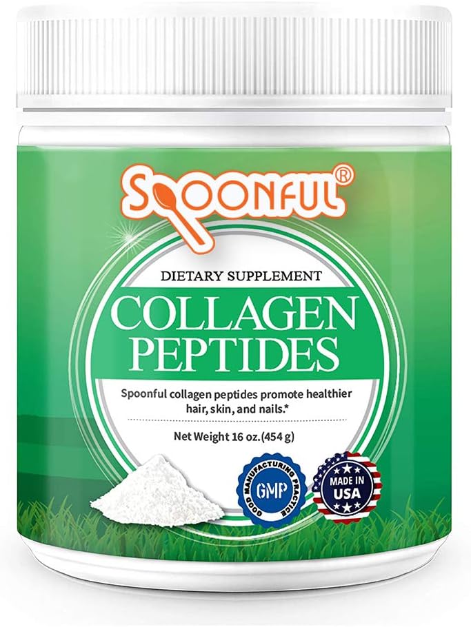 Spoonful Collagen Peptide Powder, Type I & III, Hydrolyzed Grass Fed Bovine, Unflavored, Non-GMO Gluten-Free for Healthy Hair Nail Skin and Joint Support [16 oz]