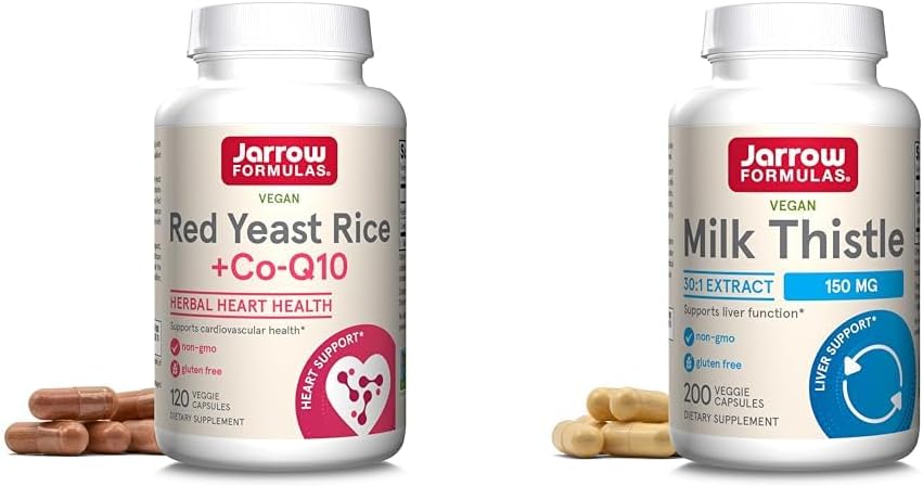 Jarrow Formulas Red Yeast Rice 1200 mg & Co-Q10 100 mg Per Serving-120 Veggie Caps-60 Servings & Heart Health-Vegan & Milk Thistle 150 mg with 30:1 Standardized Silymarin Extract