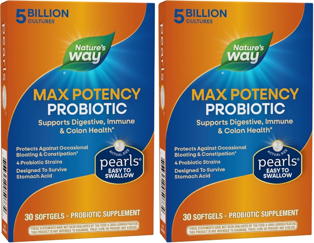 Nature's Way Max Potency Probiotic Pearls for Men and Women, Supports Digestive, Immune, Colon Health*, 5 Billion Live Cultures, No Refrigeration Required, 30 Softgels (Packaging May Vary) (Pack of 2)